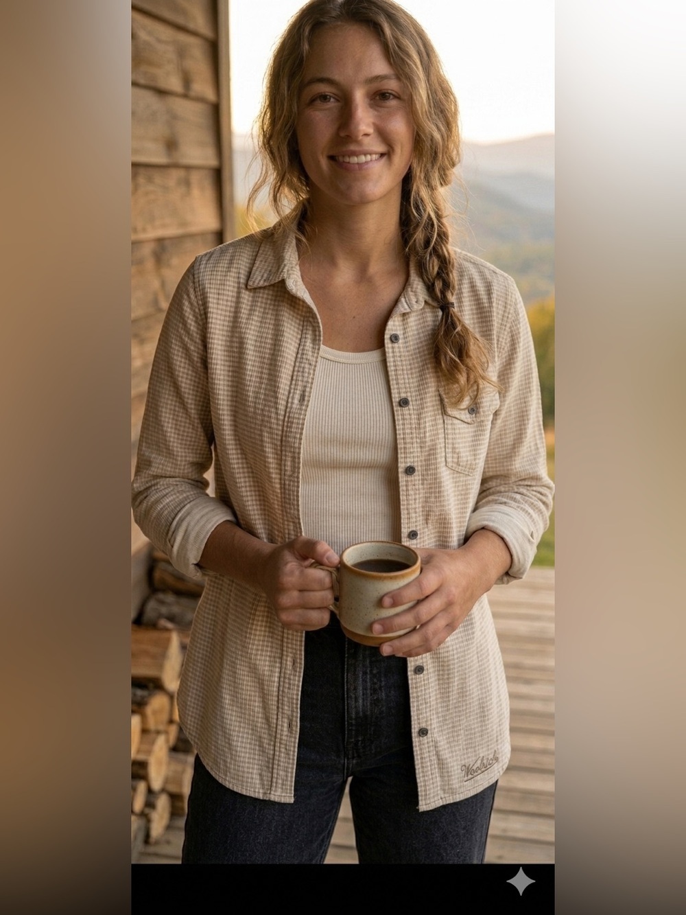 Woolrich Womens Cotton British Tan Micro Corduroy Checkered Button Down Shirt L